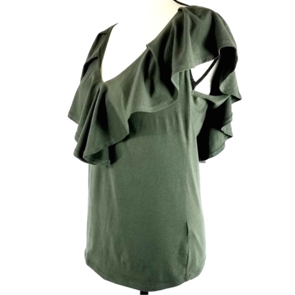 Eri + Ali Anthropologie Ruffle off Shoulder Olive Green Khaki Short Sleeve Top - Picture 5 of 12